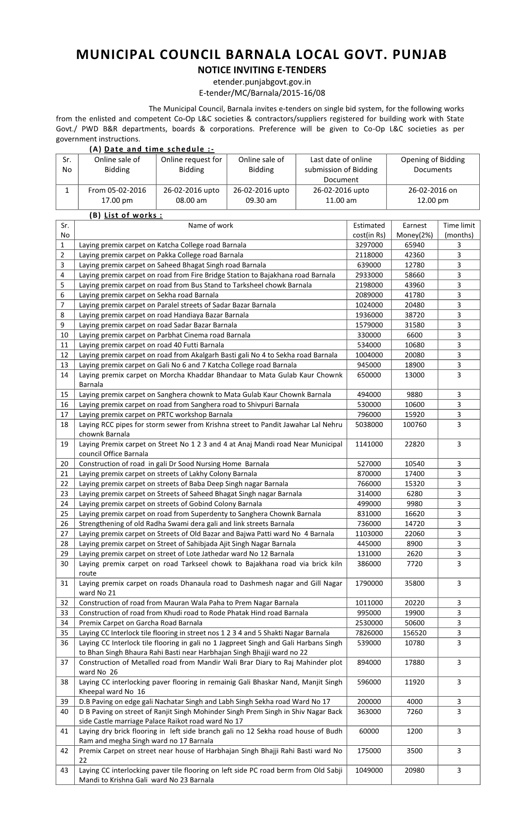 MUNICIPAL COUNCIL BARNALA LOCAL GOVT. PUNJAB NOTICE INVITING E-TENDERS Etender.Punjabgovt.Gov.In E-Tender/MC/Barnala/2015-16/08