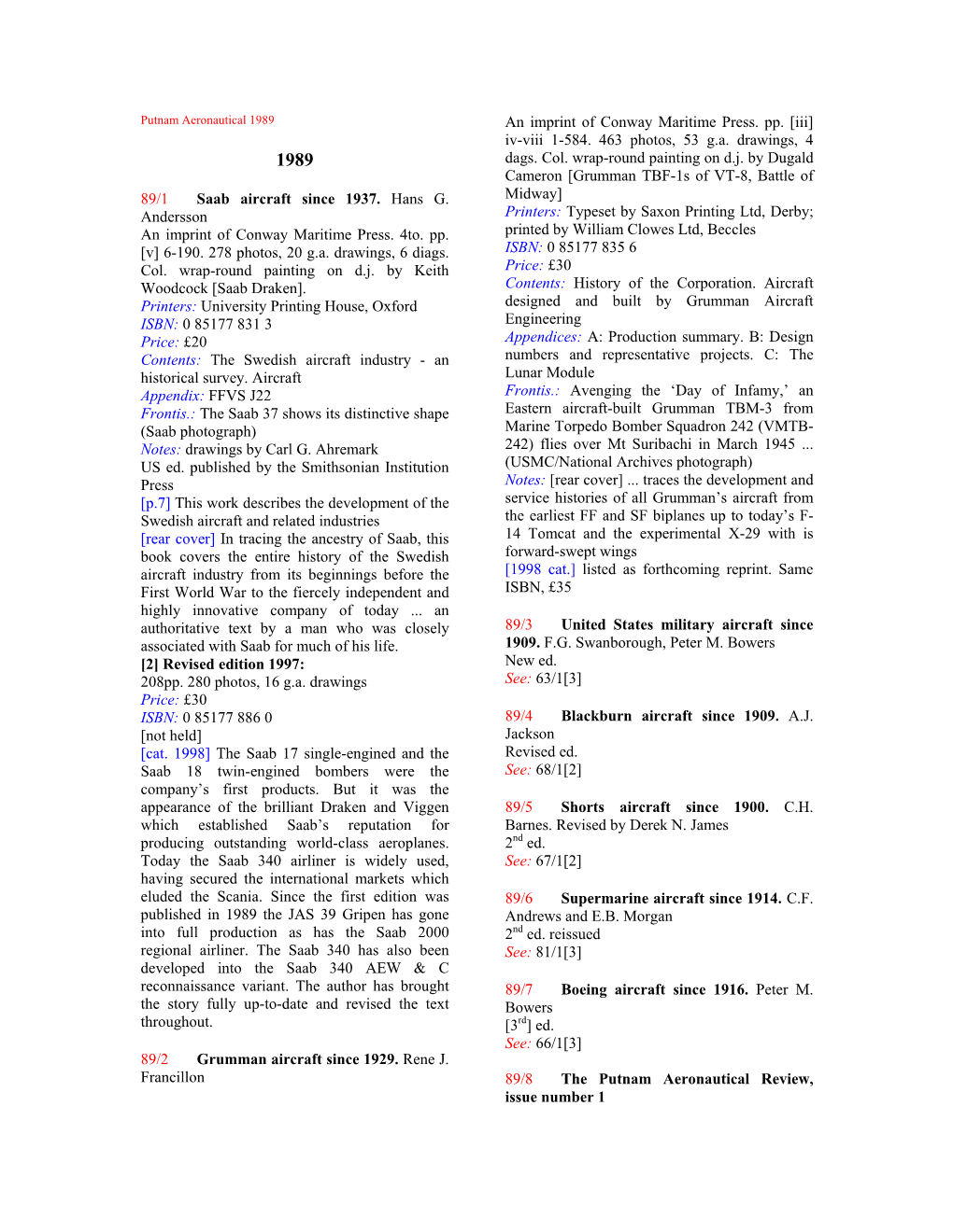 Putnam Aeronautical 1989 an Imprint of Conway Maritime Press