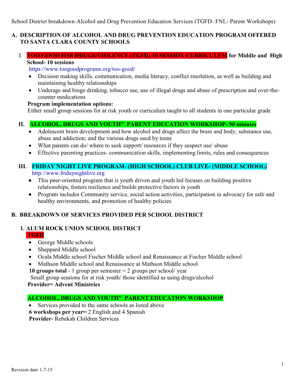 School District Breakdown-Alcohol and Drug Prevention Education Services (TGFD- FNL- Parent Workshops)