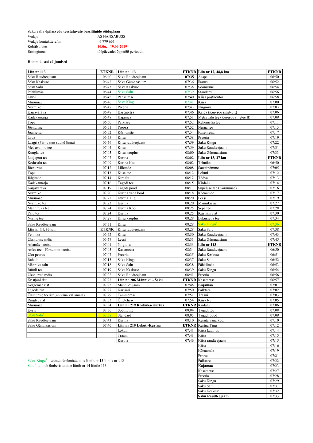 Saku Valla Õpilasvedu Teostatavate Bussiliinide Sõiduplaan Vedaja: AS HANSABUSS Vedaja Kontakttelefon: 6 779 663 Kehtib Alates: 10.06