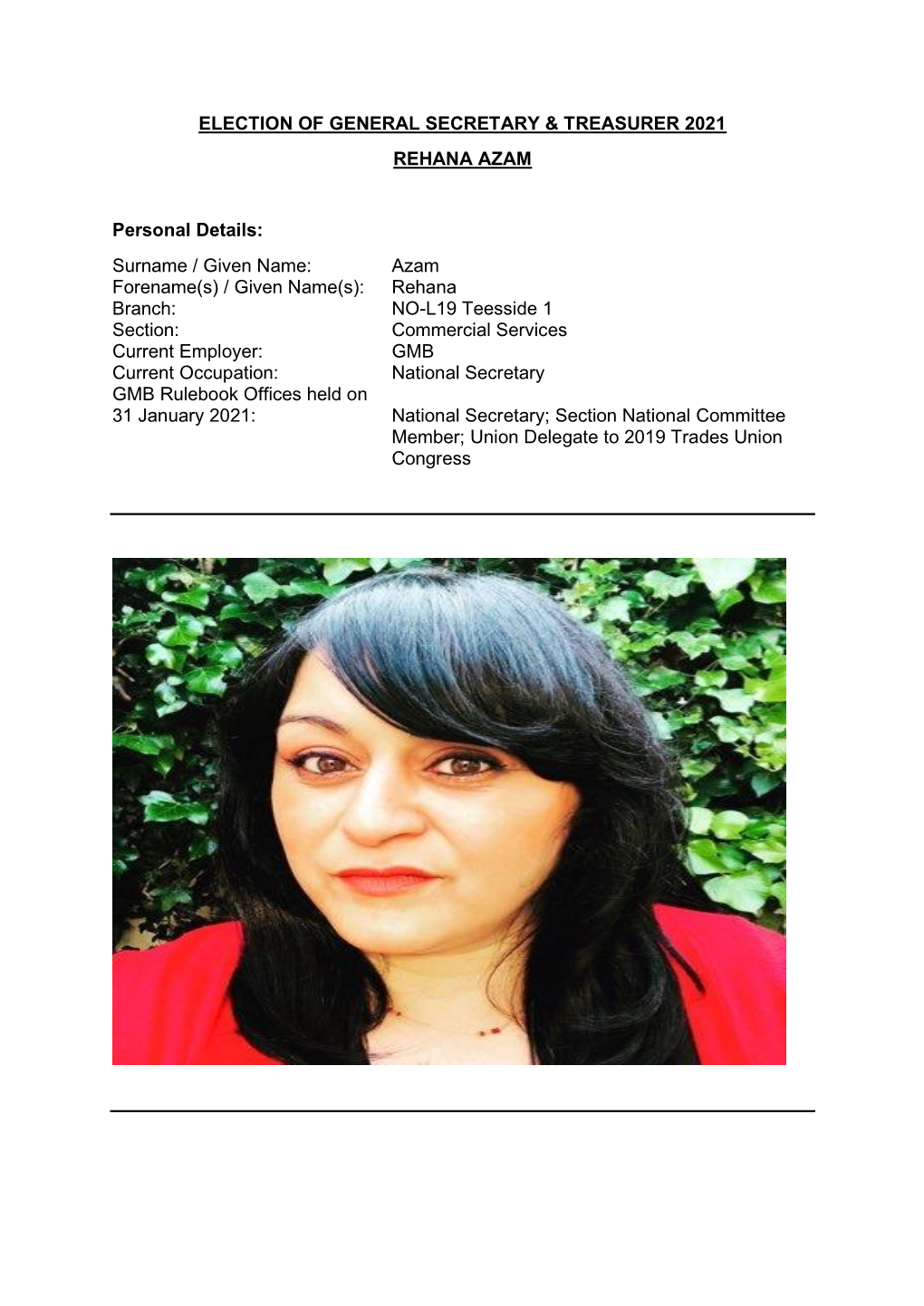 ELECTION of GENERAL SECRETARY & TREASURER 2021 REHANA AZAM Personal Details