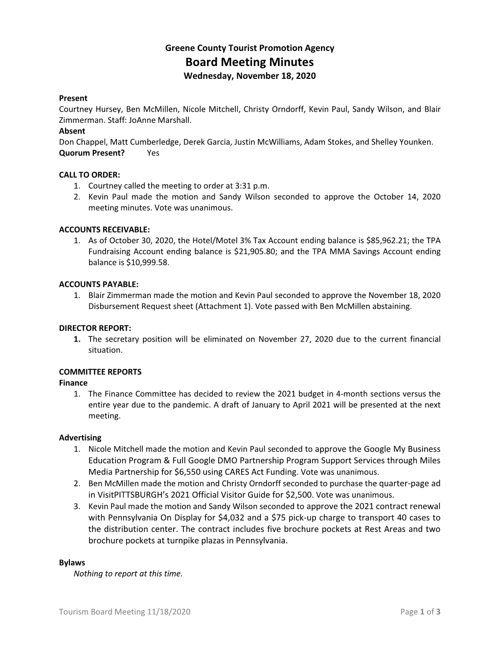 Board Meeting Minutes Wednesday, November 18, 2020