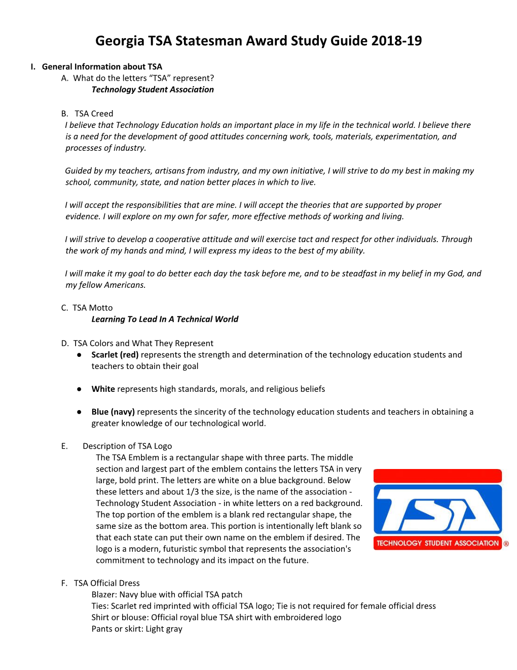 Georgia TSA Statesman Award Study Guide 2018-19