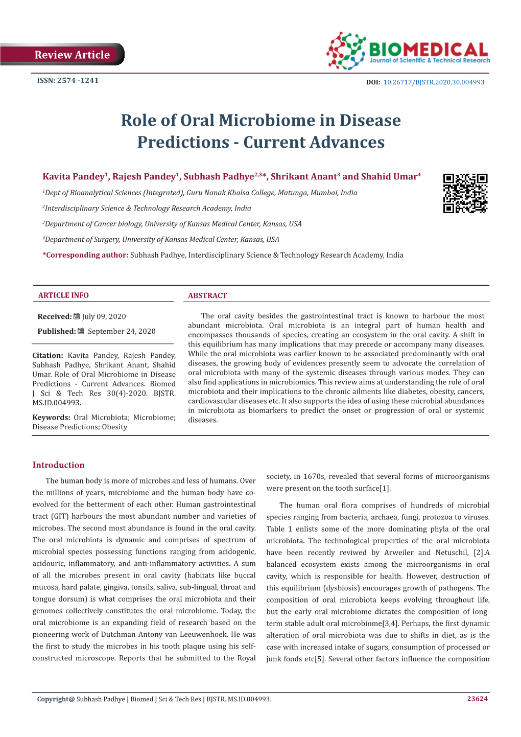 Role of Oral Microbiome in Disease Predictions - Current Advances