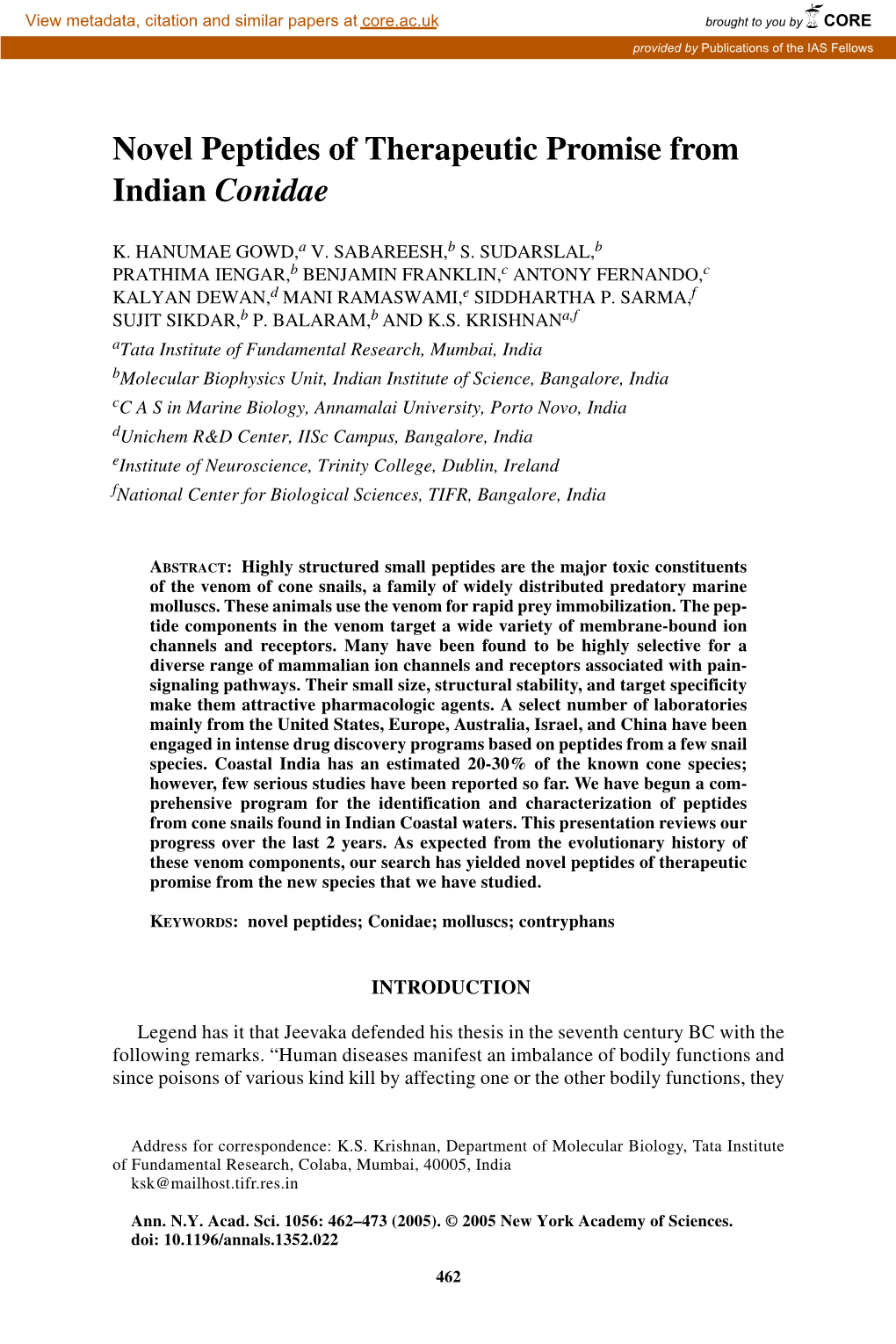 Novel Peptides of Therapeutic Promise from Indian Conidae