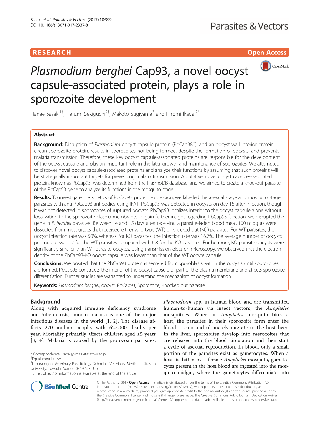 Plasmodium Berghei Cap93, a Novel Oocyst Capsule-Associated Protein