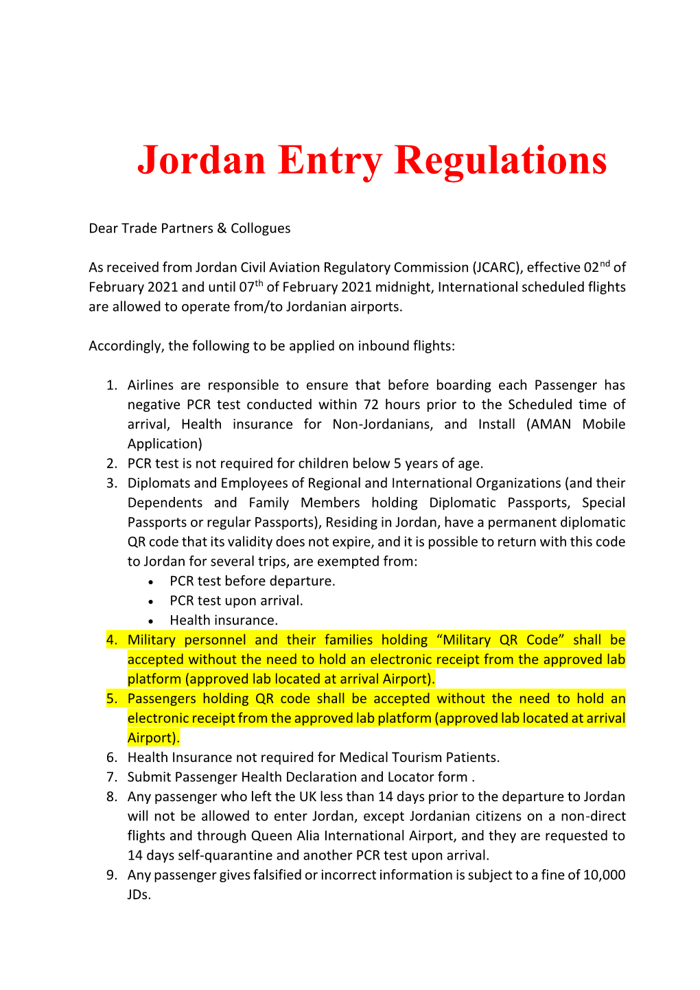 Jordan Entry Regulations