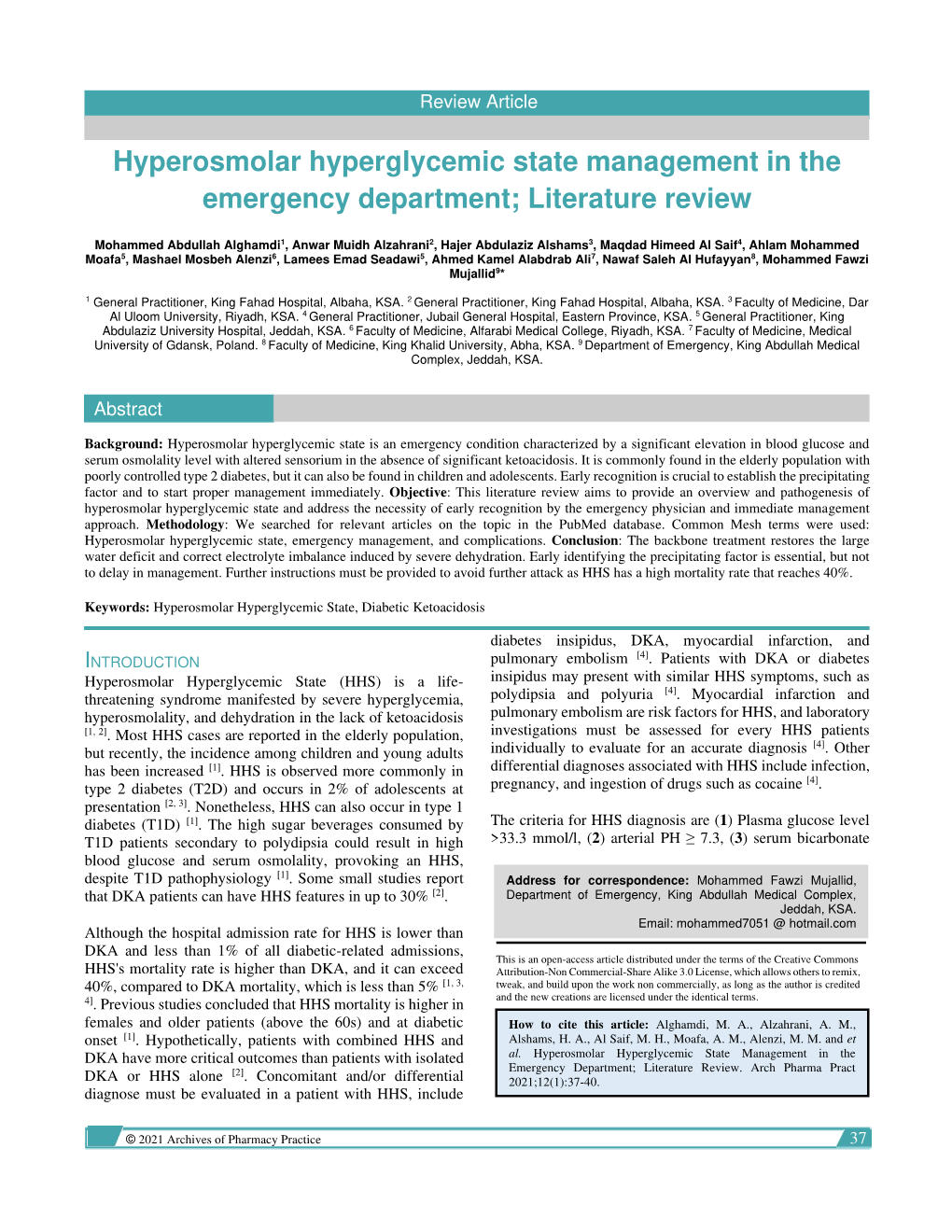 Hyperosmolar Hyperglycemic State Management in the Emergency Department; Literature Review