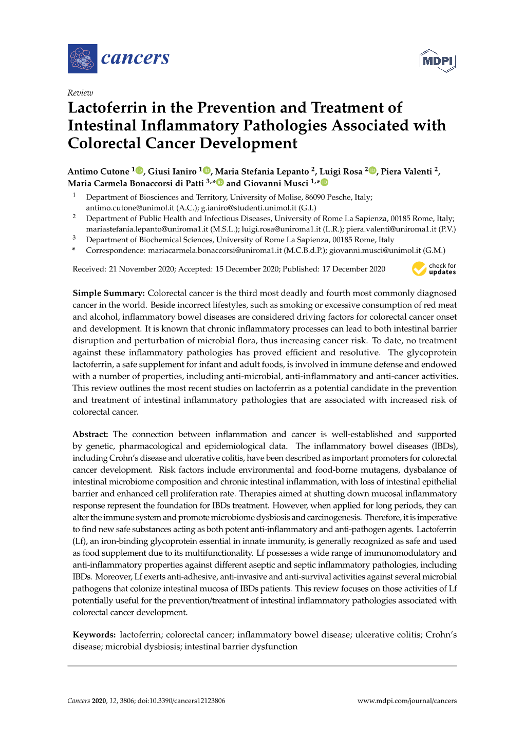 Lactoferrin in the Prevention and Treatment of Intestinal Inflammatory Pathologies Associated with Colorectal Cancer Development