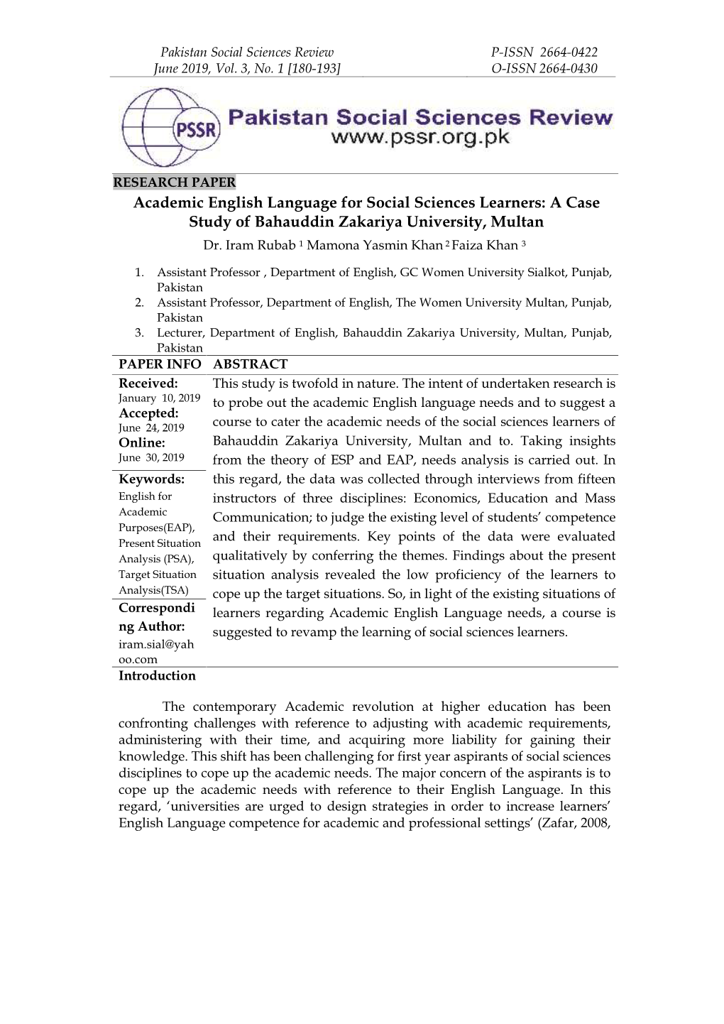Academic English Language for Social Sciences Learners: a Case Study of Bahauddin Zakariya University, Multan Dr