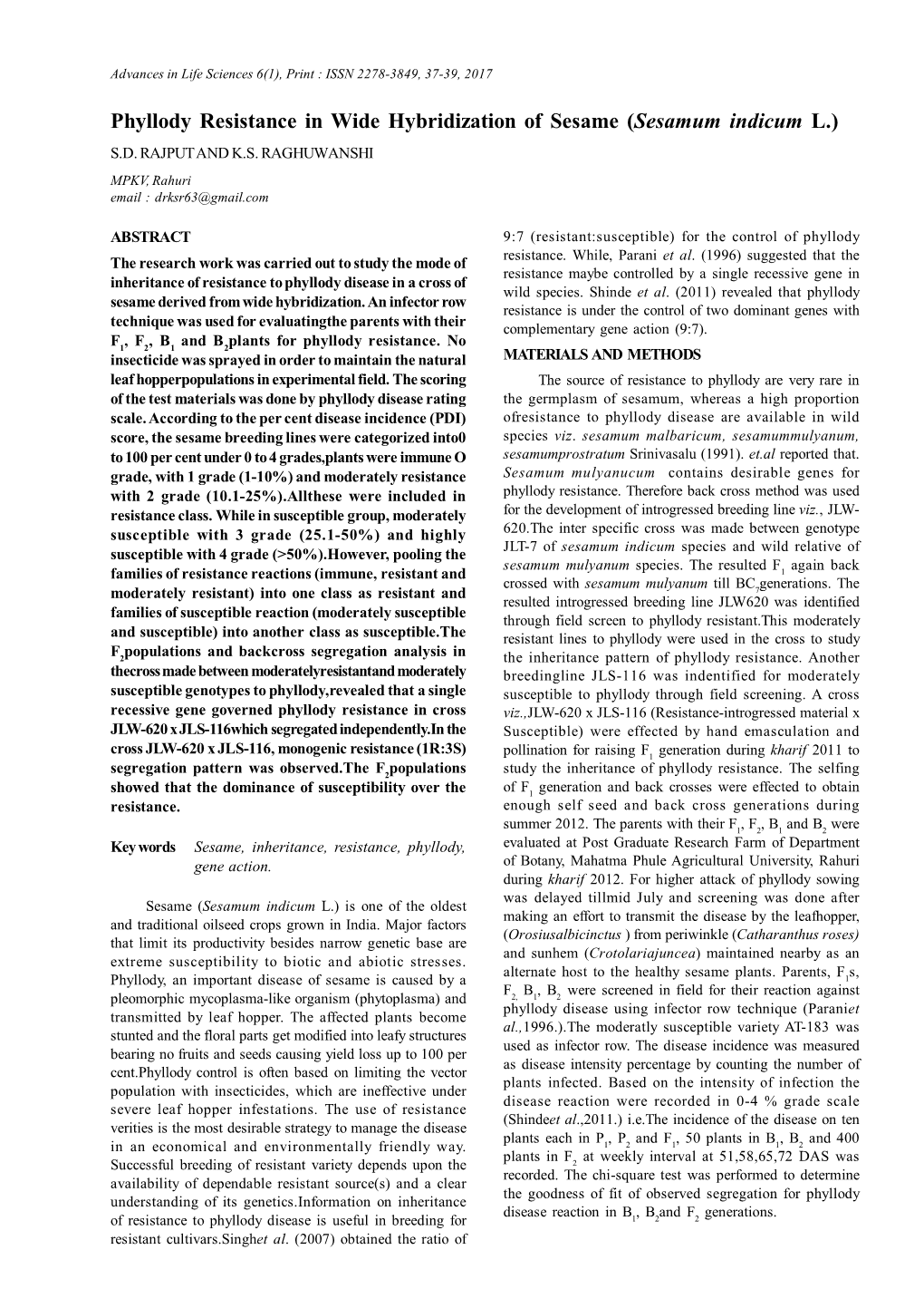 Phyllody Resistance in Wide Hybridization of Sesame (Sesamum Indicum L.) S.D