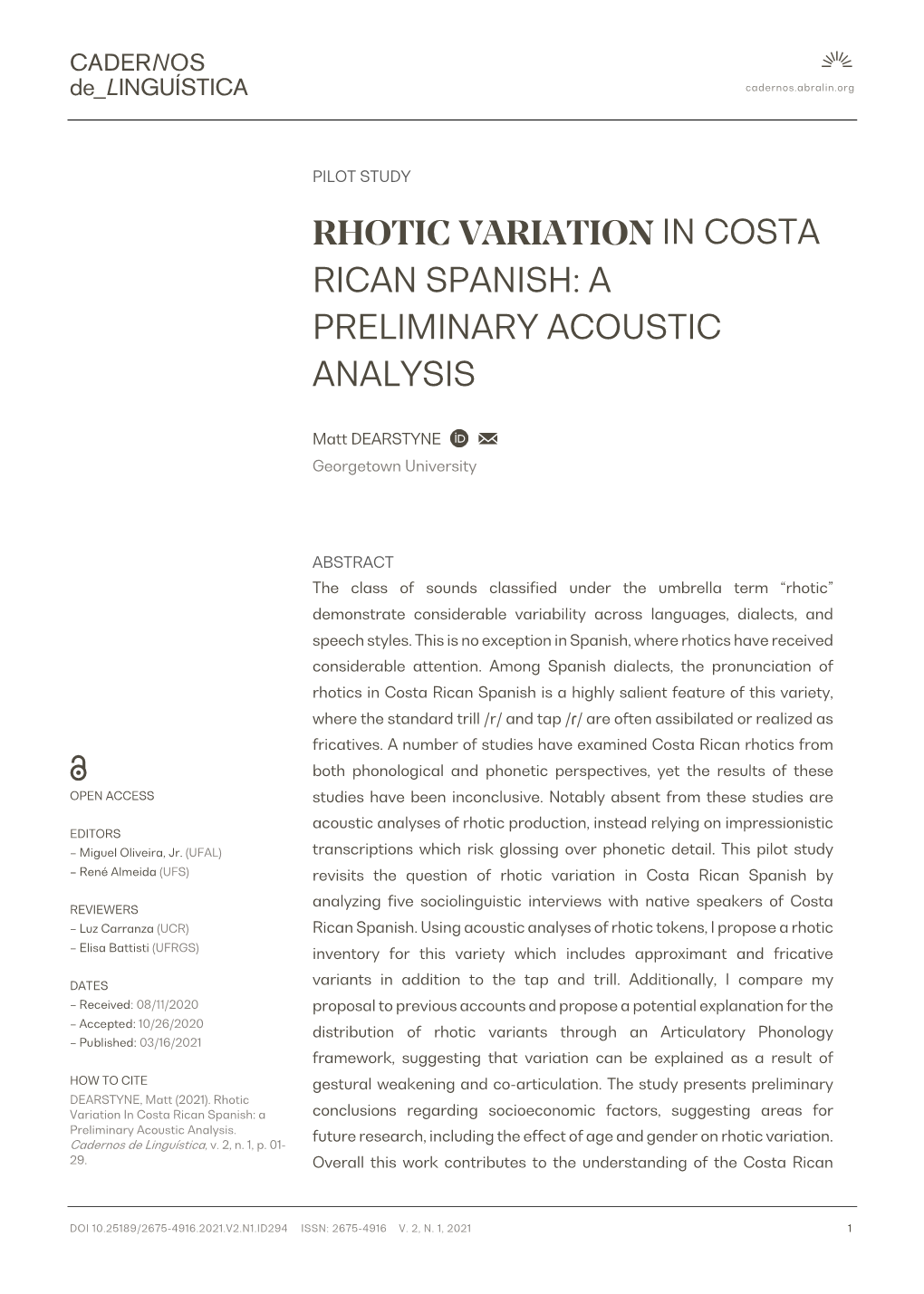 Rhotic Variation in Costa Rican Spanish: a Preliminary Acoustic Analysis