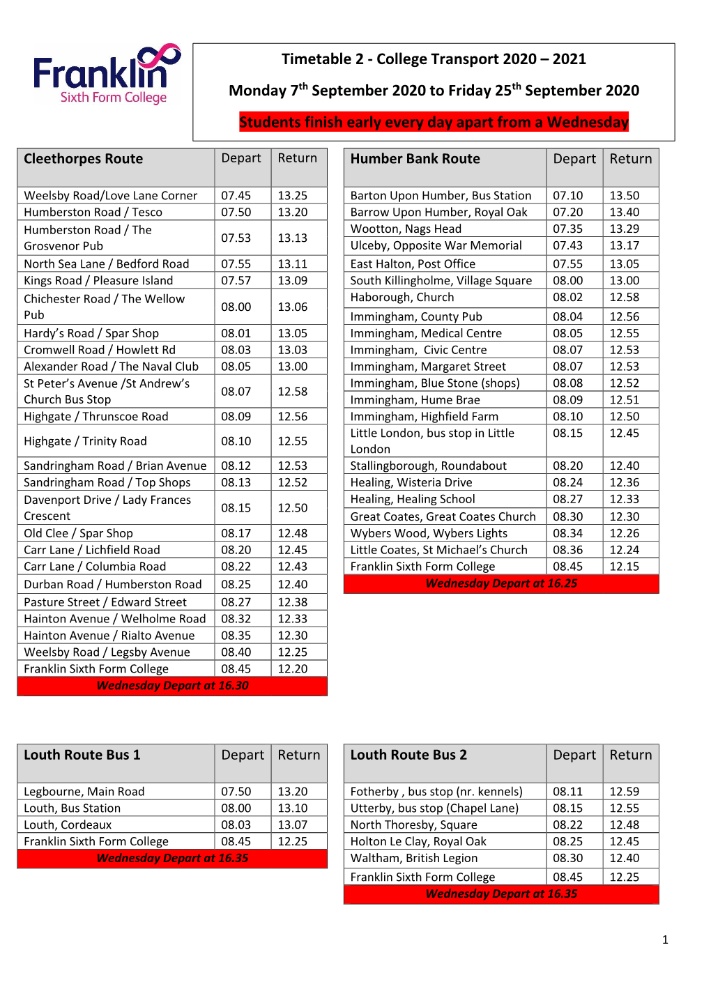 Timetable 2 - College Transport 2020 – 2021 Monday 7Th September 2020 to Friday 25Th September 2020