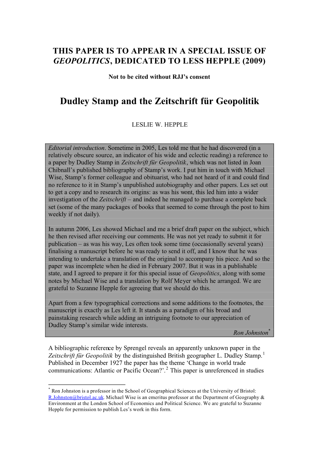 Dudley Stamp and the Zeitschrift Für Geopolitik