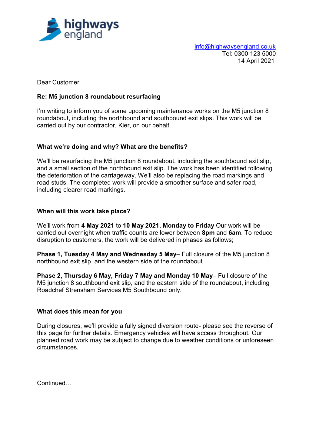 M5 Junction 8 Roundabout Resurfacing Letter To
