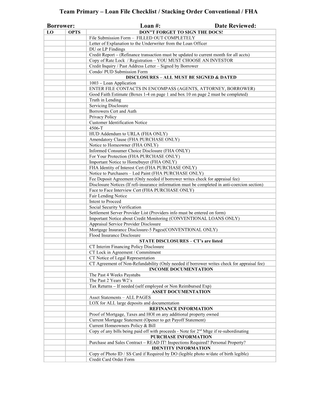 Loan File Checklist / Stacking Order s1