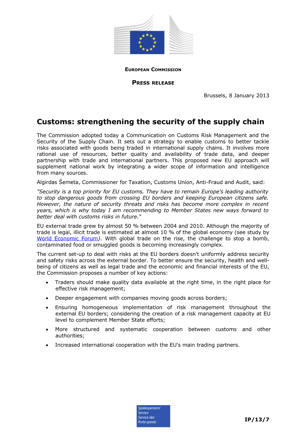 Customs: Strengthening the Security of the Supply Chain