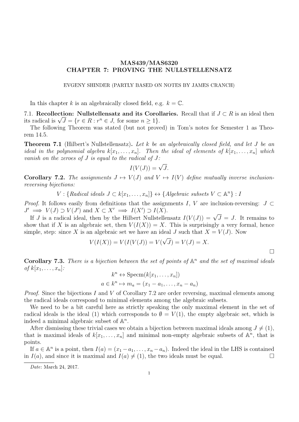 Mas439/Mas6320 Chapter 7: Proving the Nullstellensatz