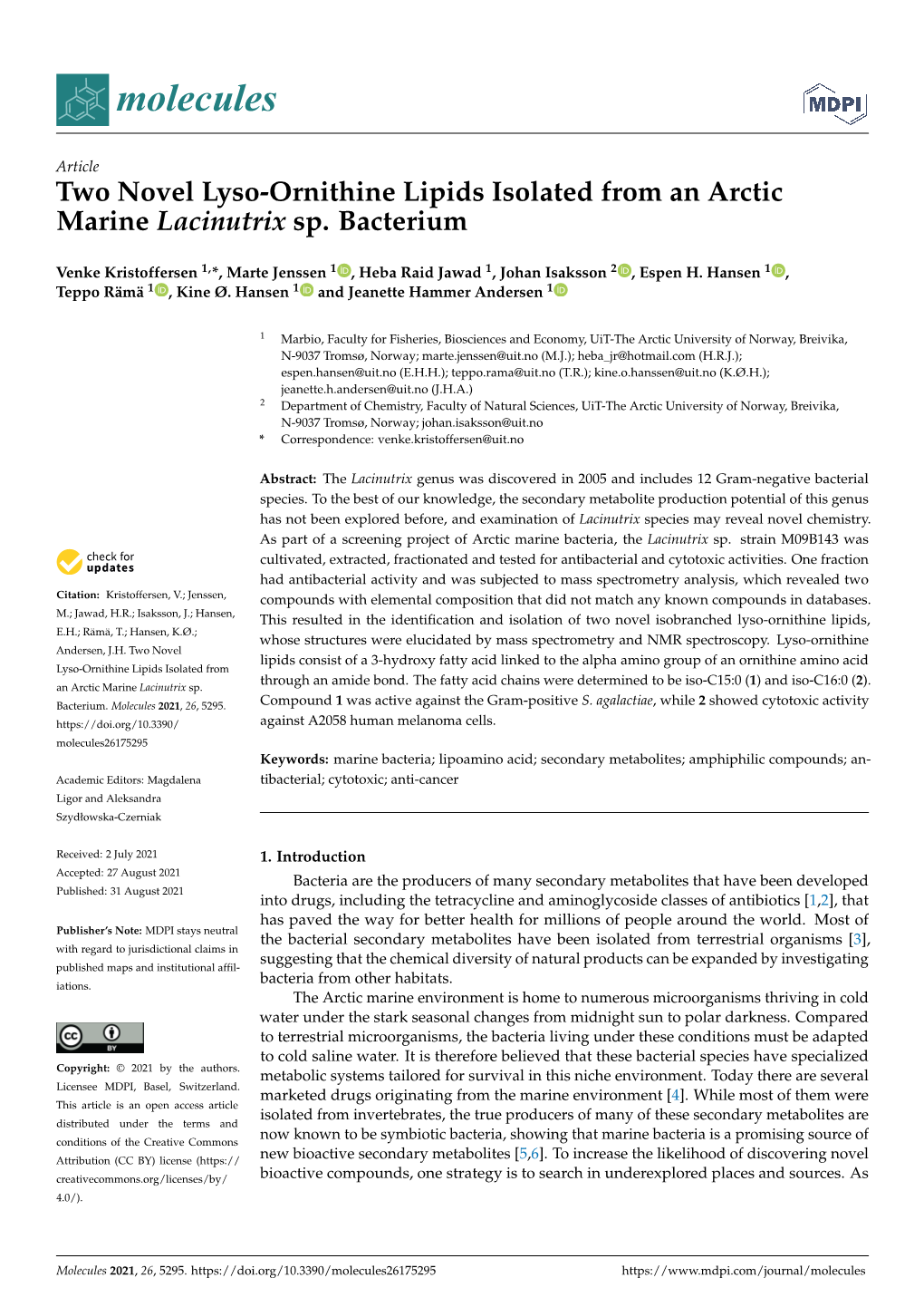 Two Novel Lyso-Ornithine Lipids Isolated from an Arctic Marine Lacinutrix Sp