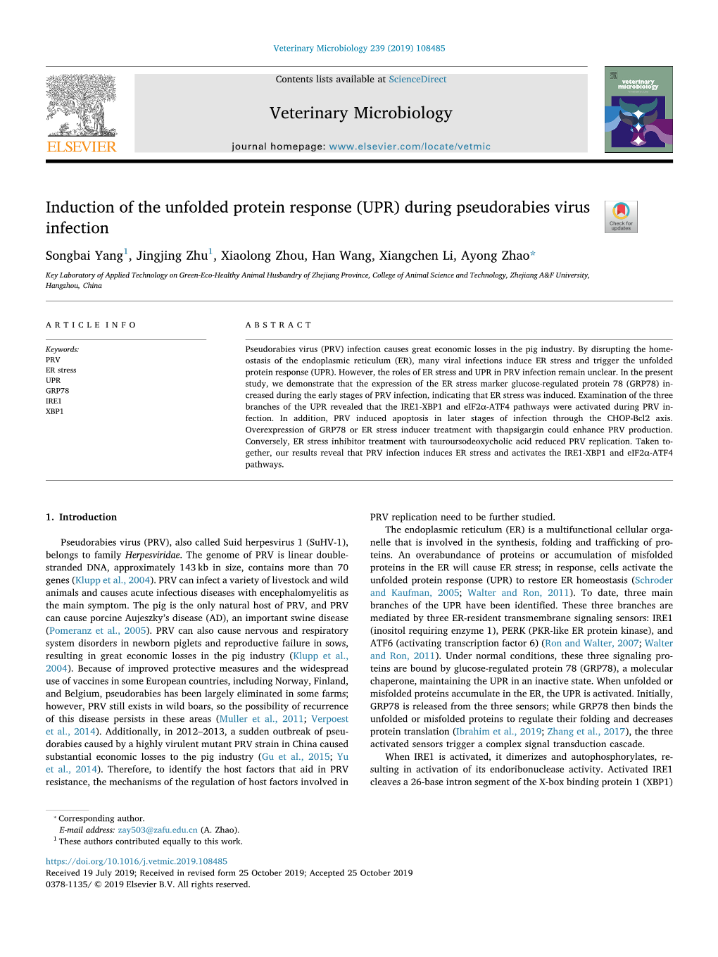 Induction of the Unfolded Protein Response (UPR) During Pseudorabies Virus Infection T