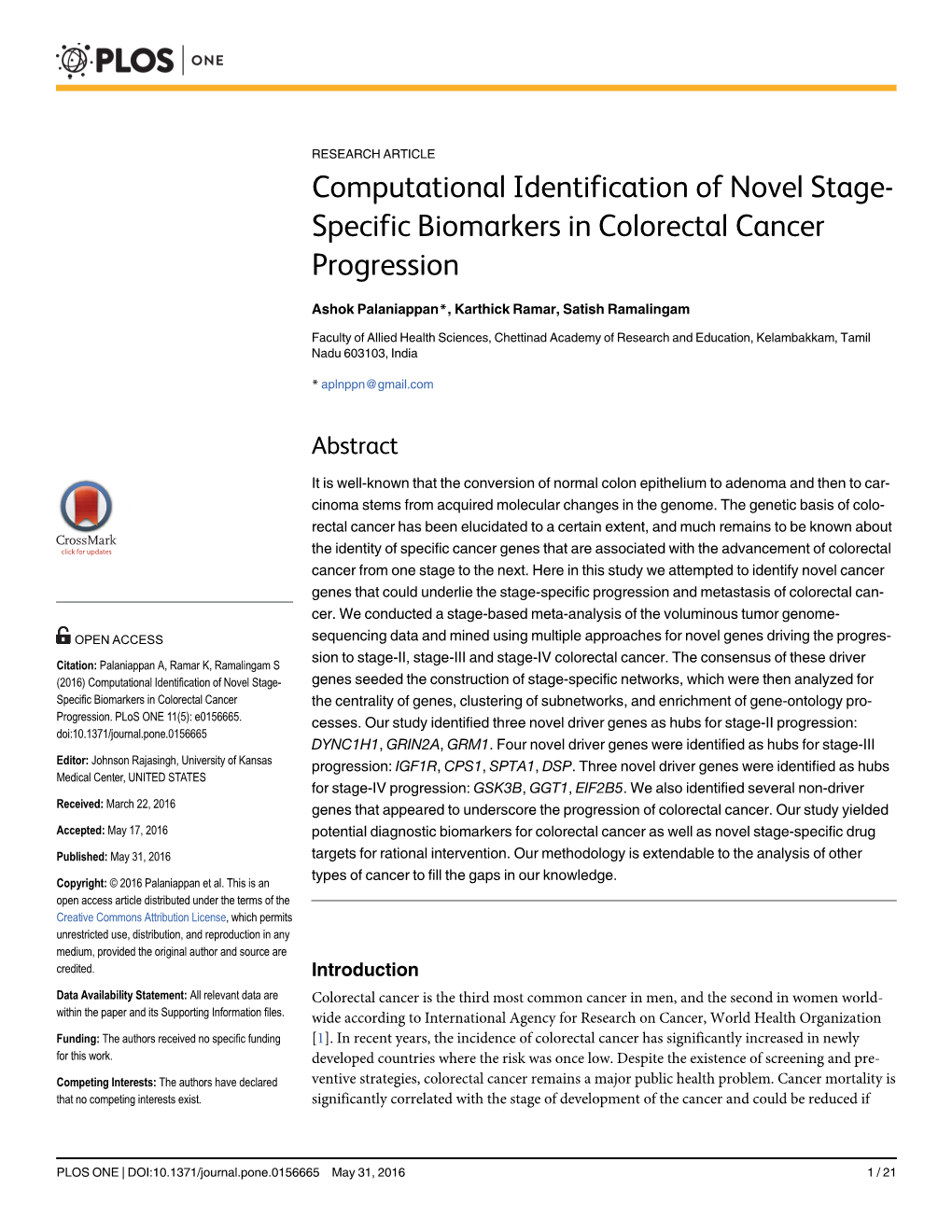 Computational Identification of Novel Stage-Specific Biomarkers In