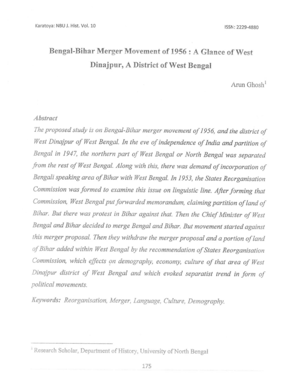 Bengal-Bihar Merger Movement of 1956: a Glance of West Dinajpur, a District of West Bengal