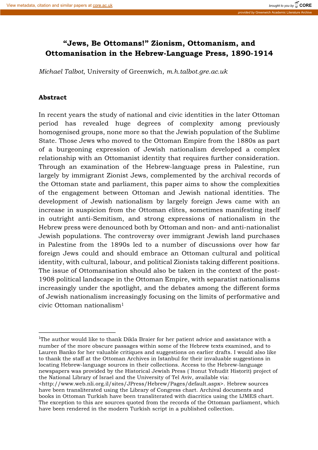 Zionism, Ottomanism, and Ottomanisation in the Hebrew-Language Press, 1890-1914