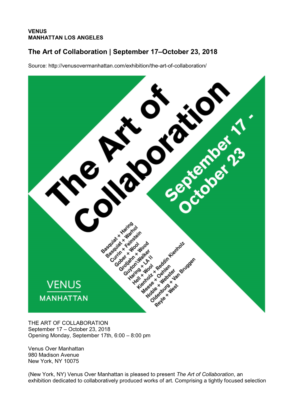 The Art of Collaboration | September 17–October 23, 2018