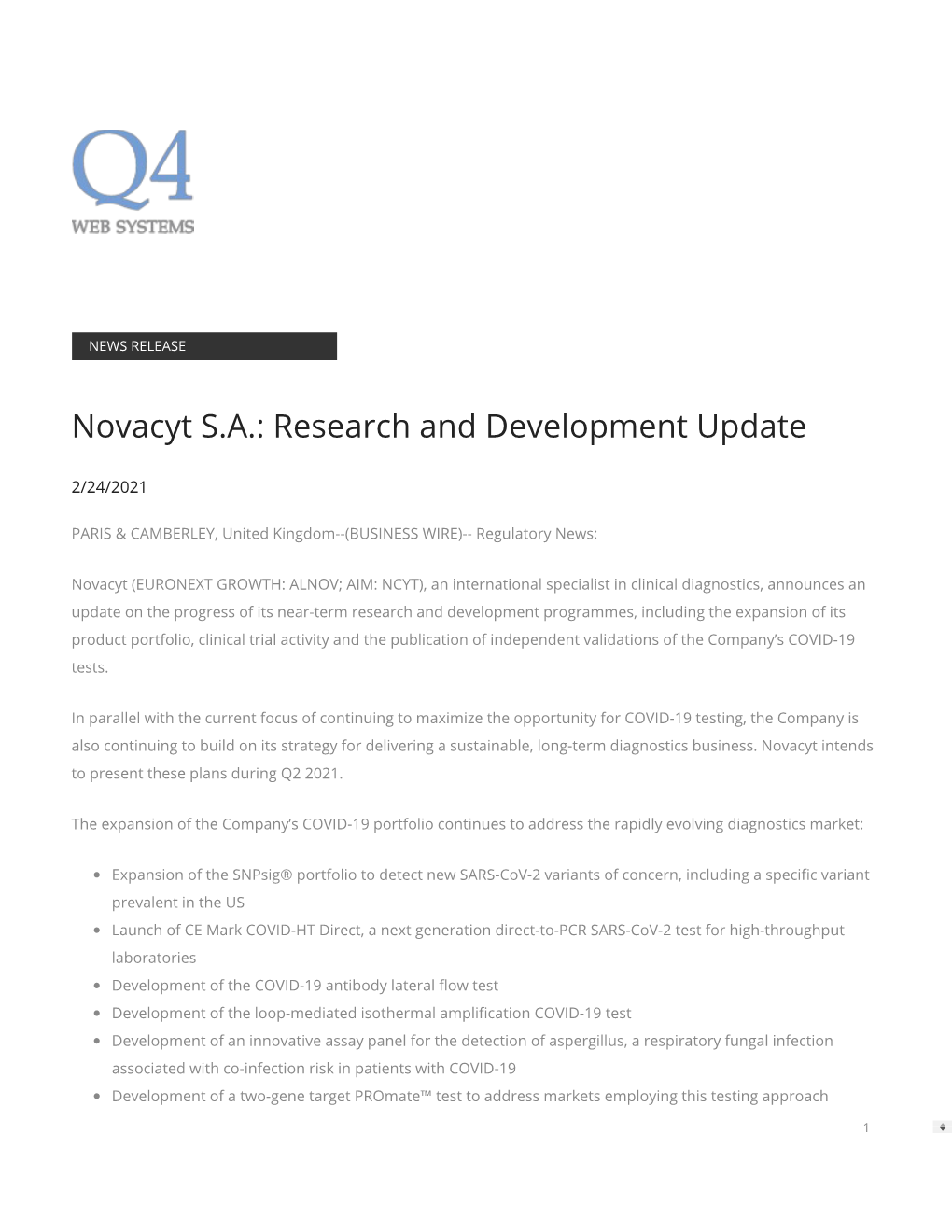 Novacyt S.A.: Research and Development Update