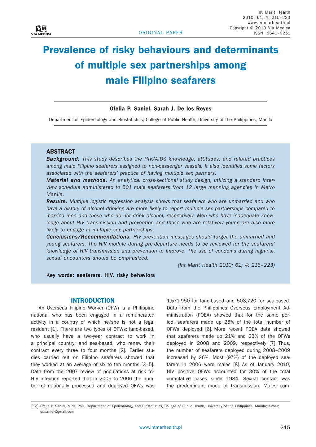 Prevalence of Risky Behaviours and Determinants of Multiple Sex Partnerships Among Male Filipino Seafarers