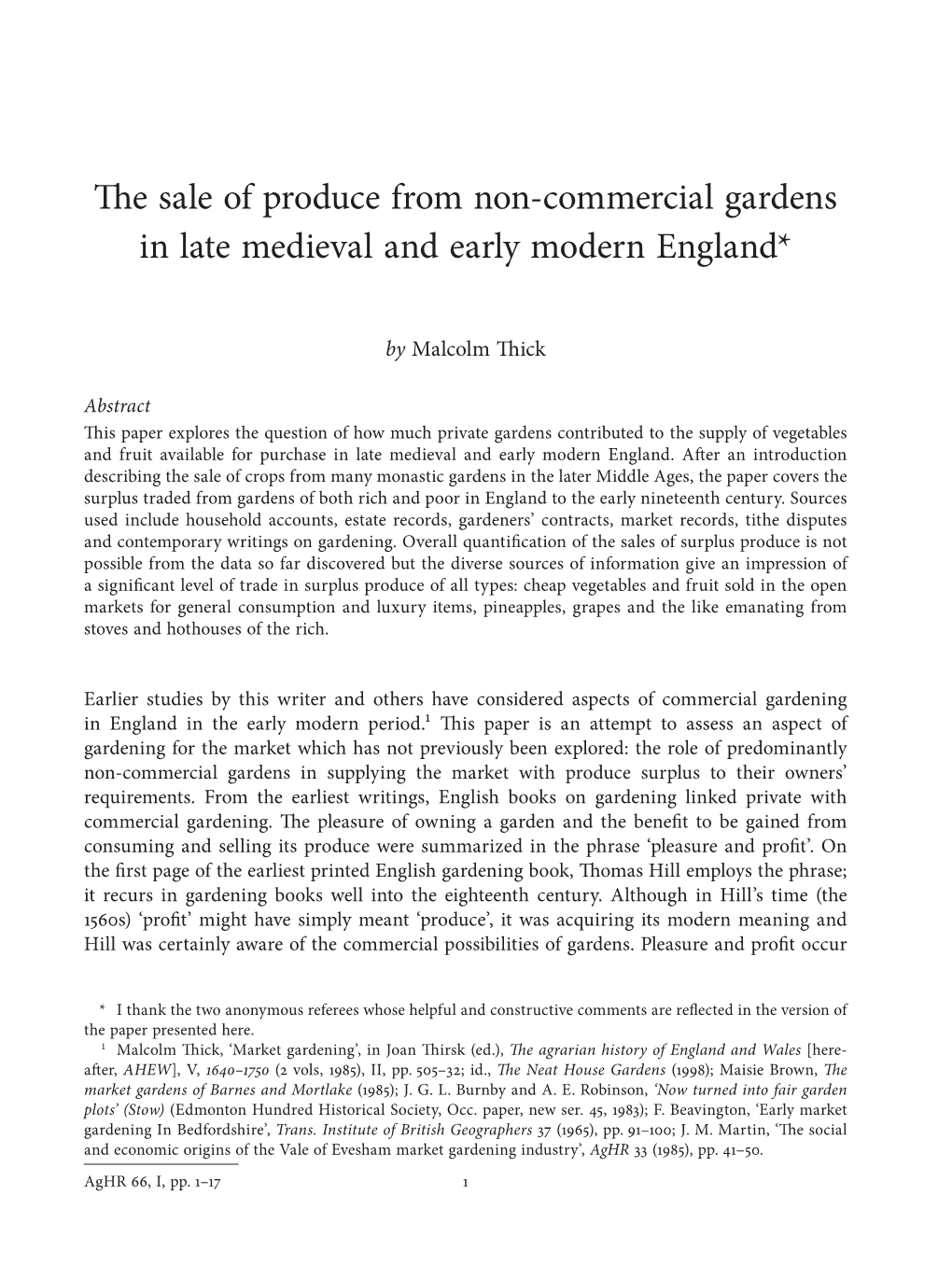 The Sale of Produce from Non-Commercial Gardens in Late Medieval and Early Modern England*