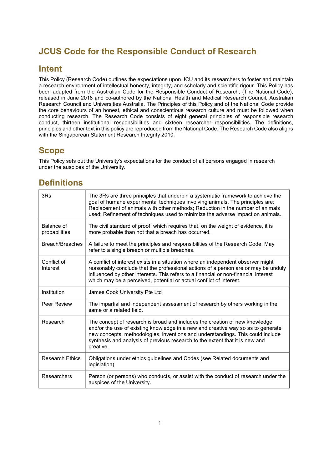 JCUS Code for the Responsible Conduct of Research Intent