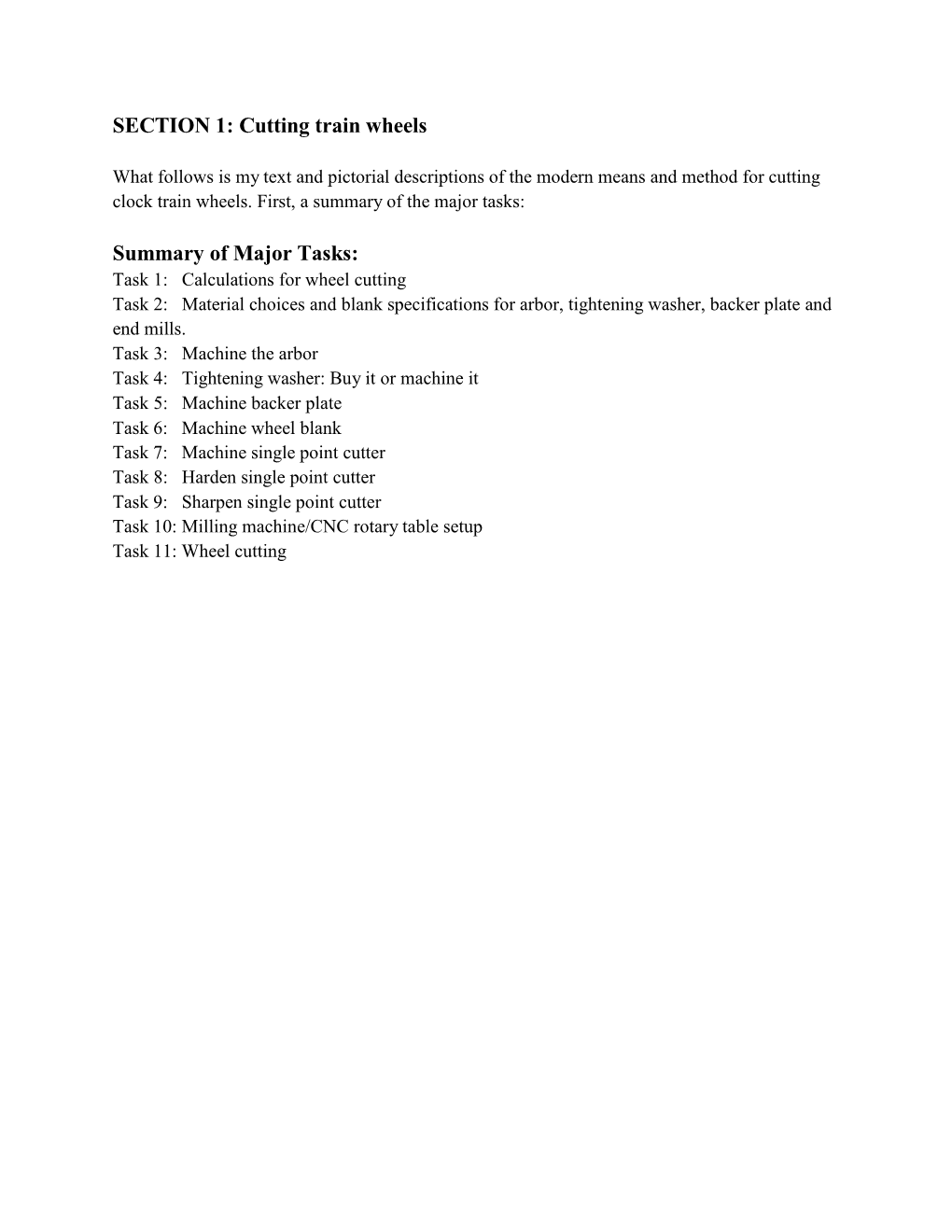 SECTION 1: Cutting Train Wheels Summary of Major Tasks