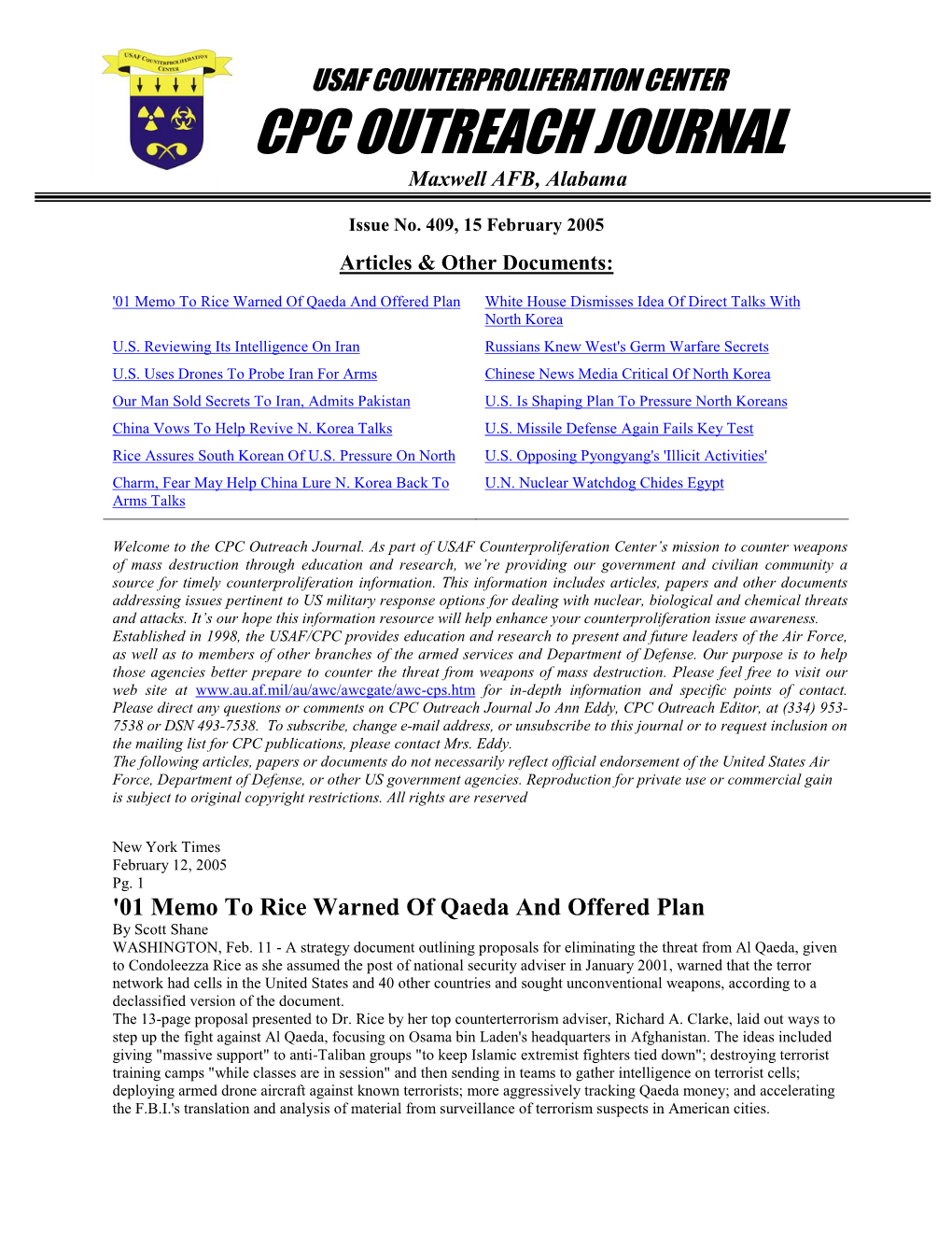 USAF Counterproliferation Center CPC Outreach Journal #409