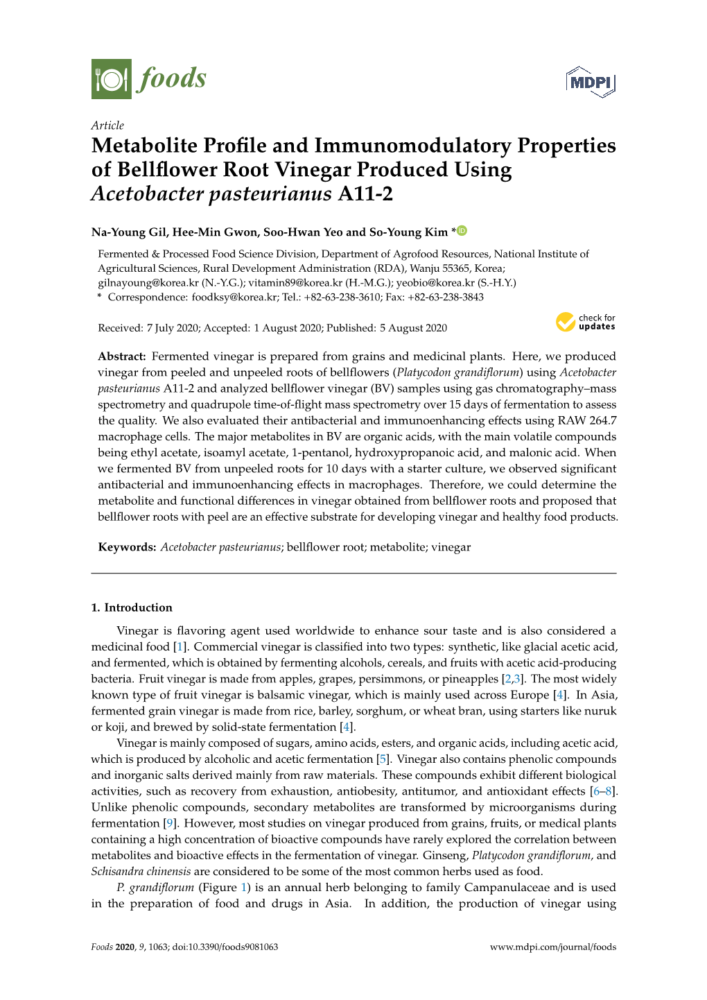 Metabolite Profile and Immunomodulatory Properties Of