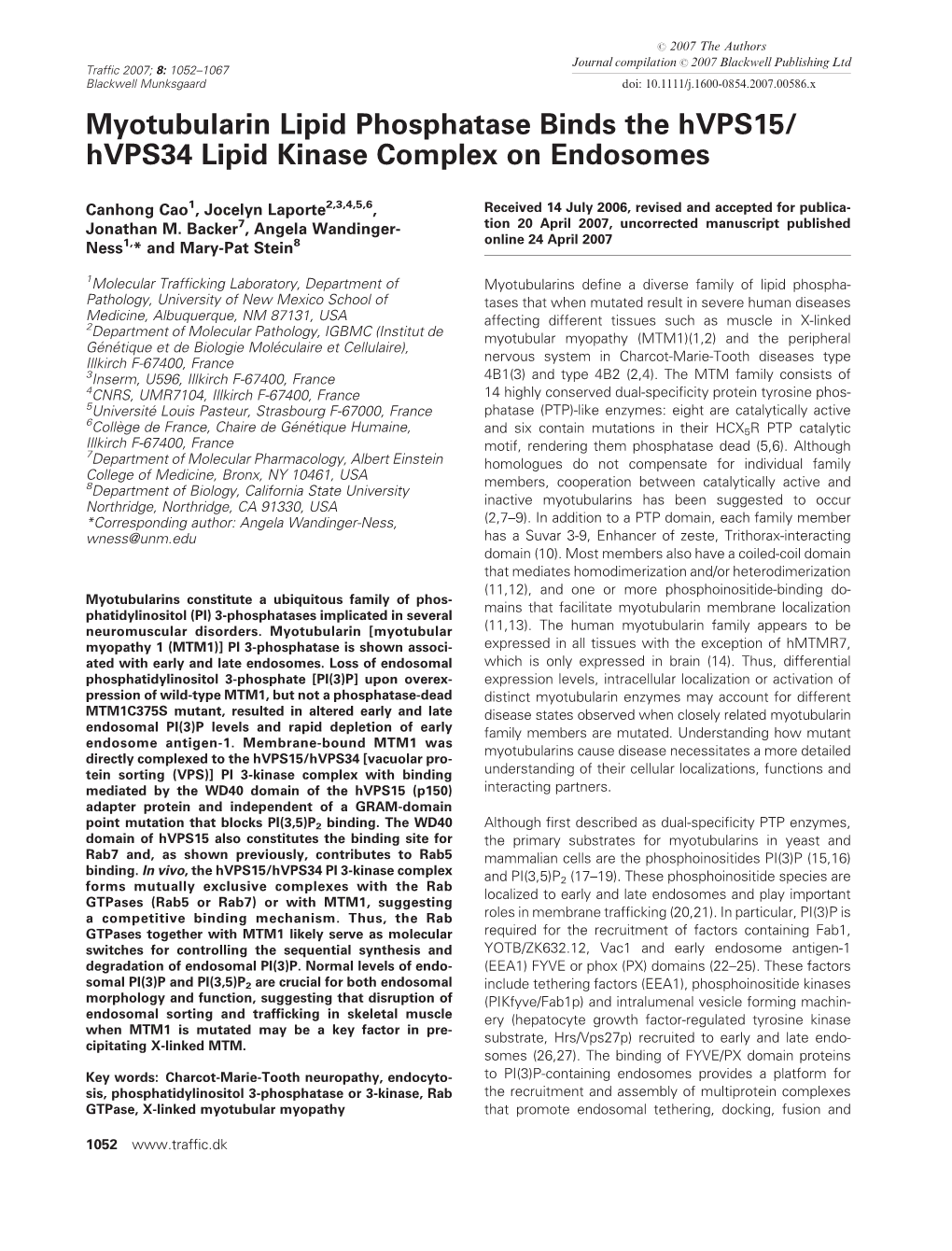 Myotubularin Lipid Phosphatase Binds the Hvps15/ Hvps34 Lipid Kinase Complex on Endosomes