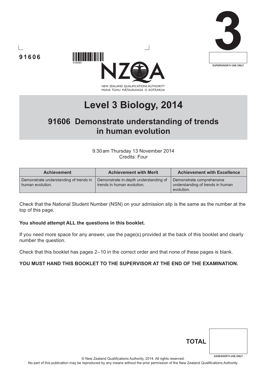 Level 3 Biology (91606) 2014