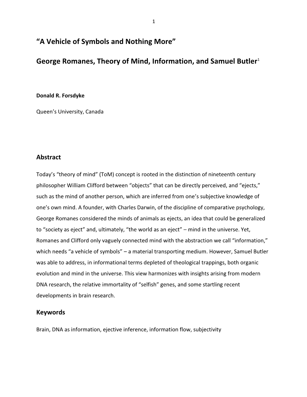 George Romanes, Theory of Mind, Information, and Samuel Butler1