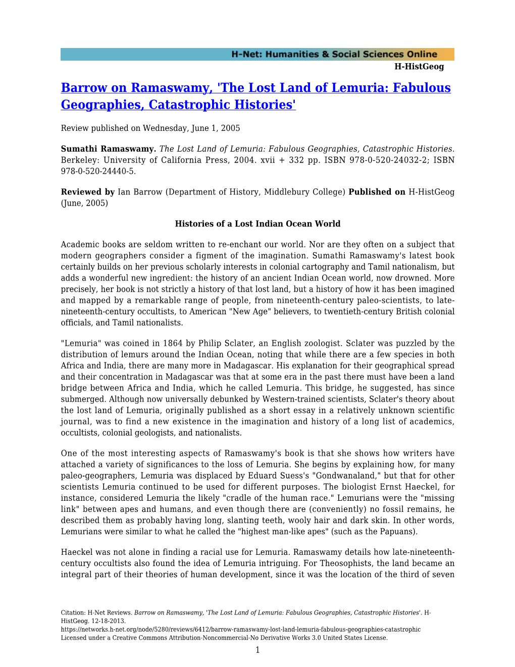 Barrow on Ramaswamy, 'The Lost Land of Lemuria: Fabulous Geographies, Catastrophic Histories'