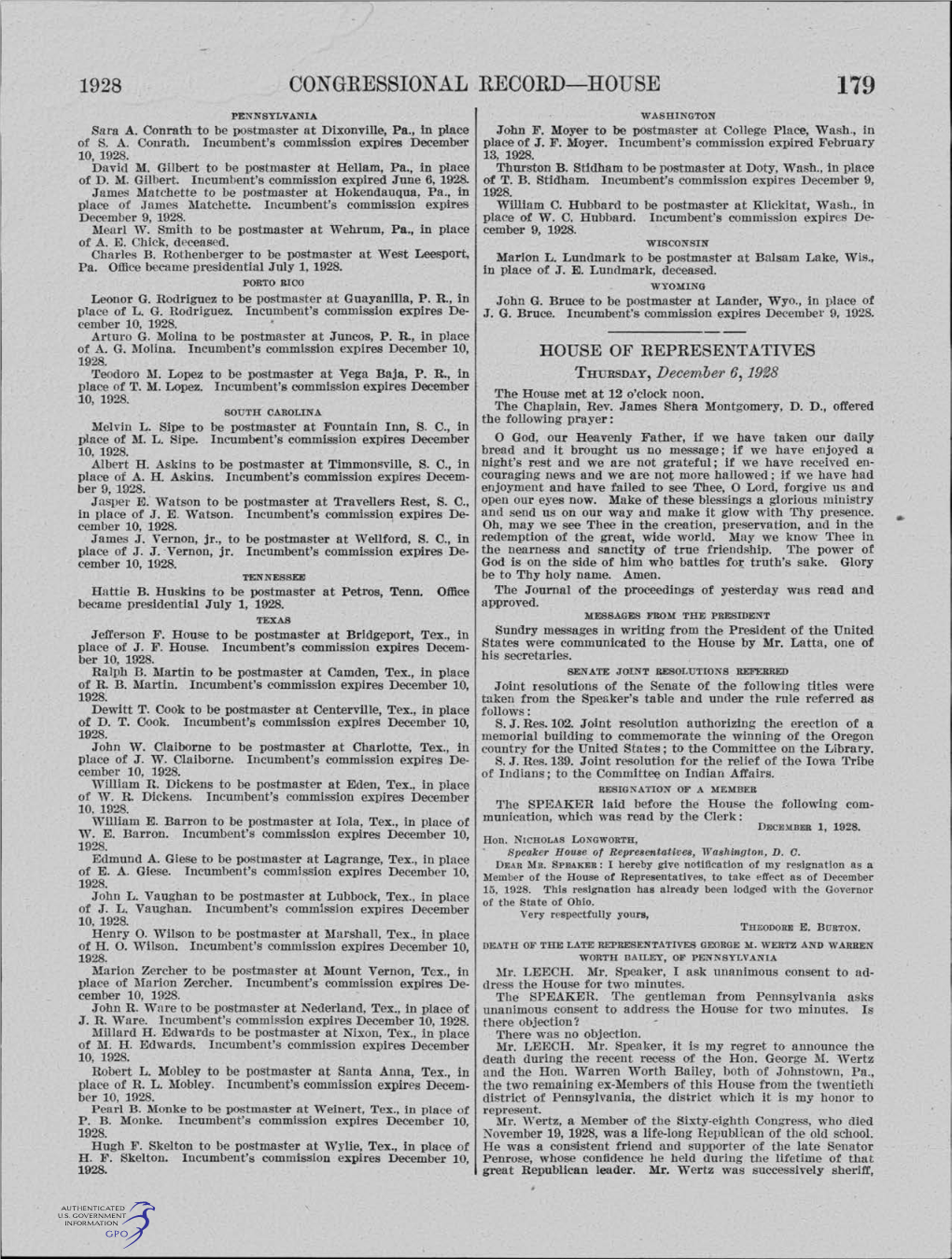 CONGRESSIONAL ,RECORD-HOUSE 179 PENNSYLVANIA WASHINGTON Sara A