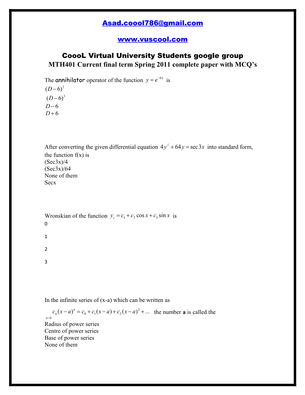 MTH401 Current Final Term Spring 2011 Complete Paper with MCQ S