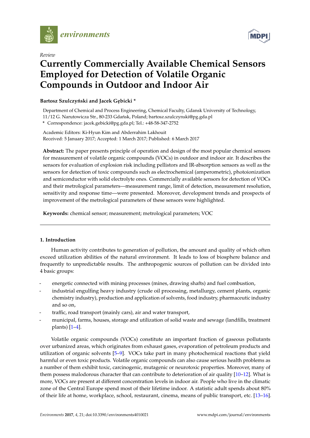 Currently Commercially Available Chemical Sensors Employed for Detection of Volatile Organic Compounds in Outdoor and Indoor Air