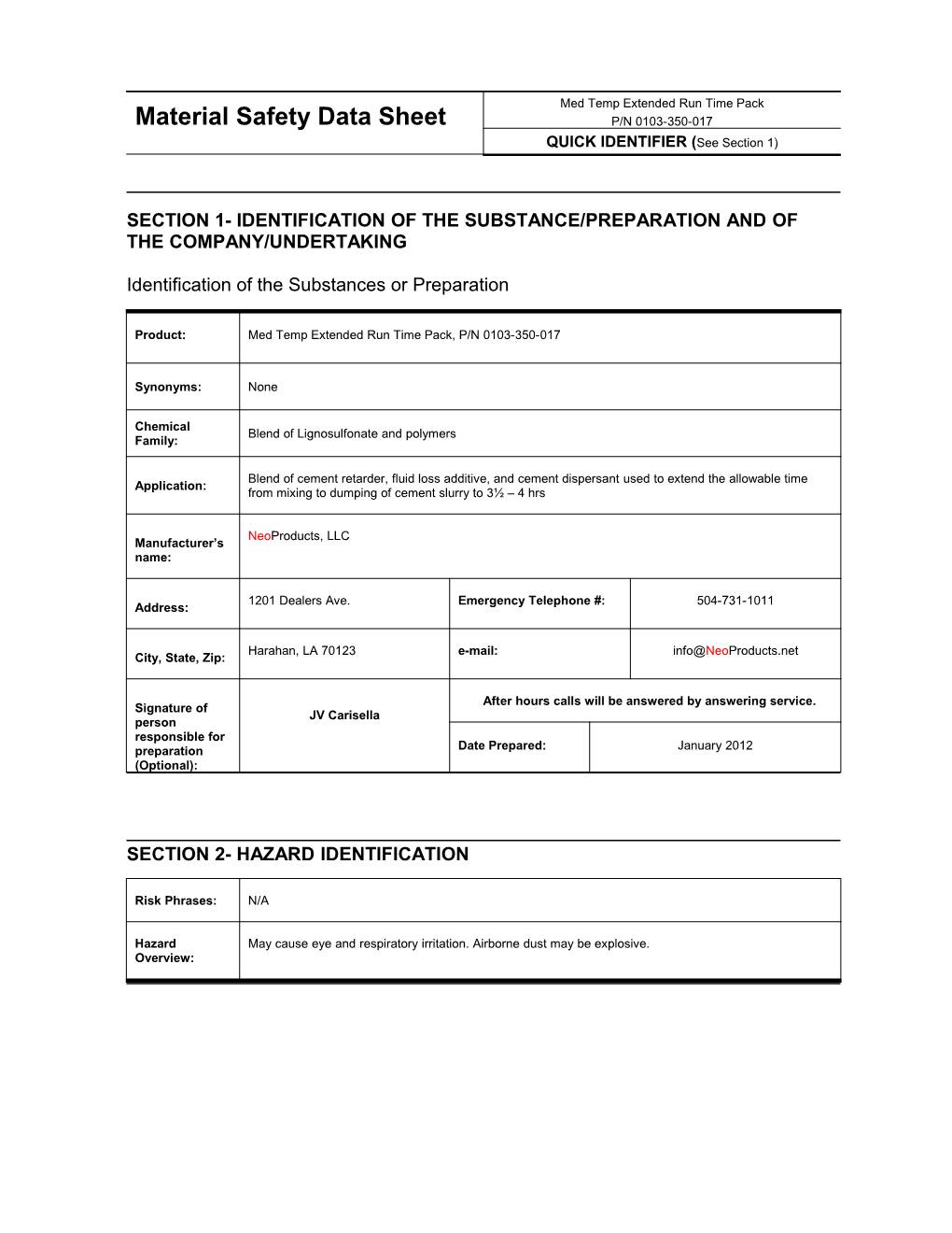 Material Safety Data Sheet s61