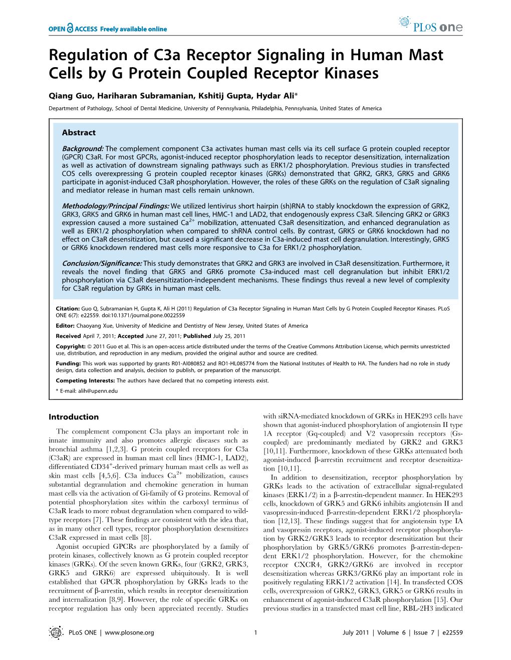 Regulation of C3a Receptor Signaling in Human Mast Cells by G Protein Coupled Receptor Kinases