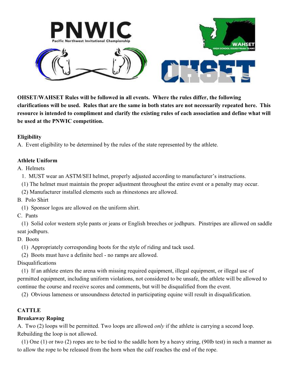 OHSET/WAHSET Rules Will Be Followed in All Events