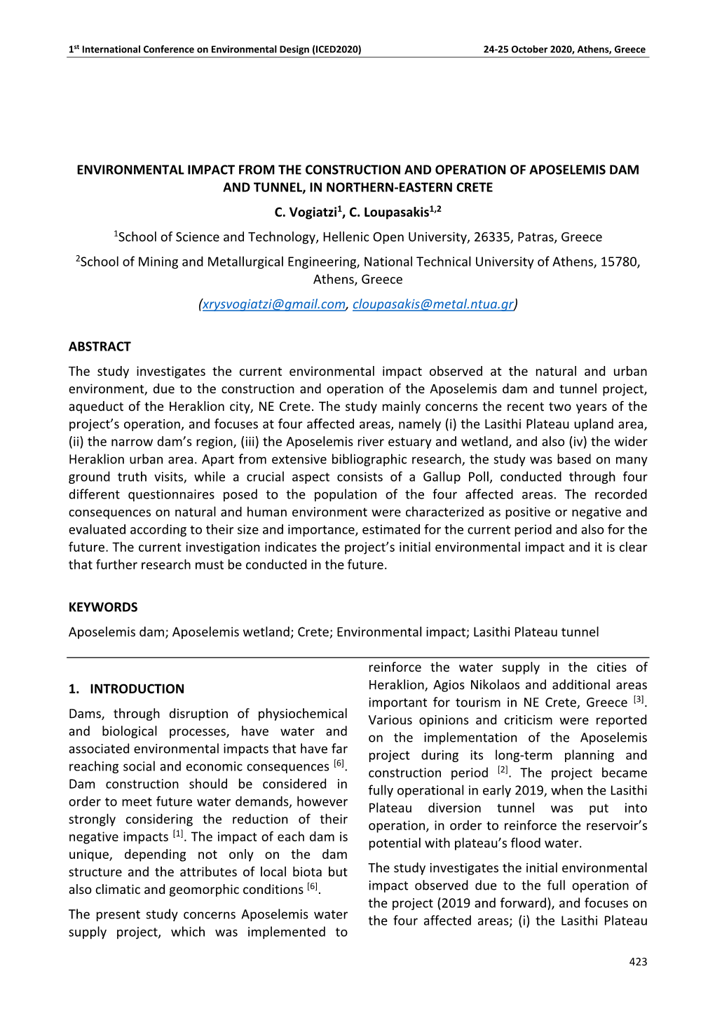 Environmental Impact from the Construction and Operation of Aposelemis Dam and Tunnel, in Northern-Eastern Crete