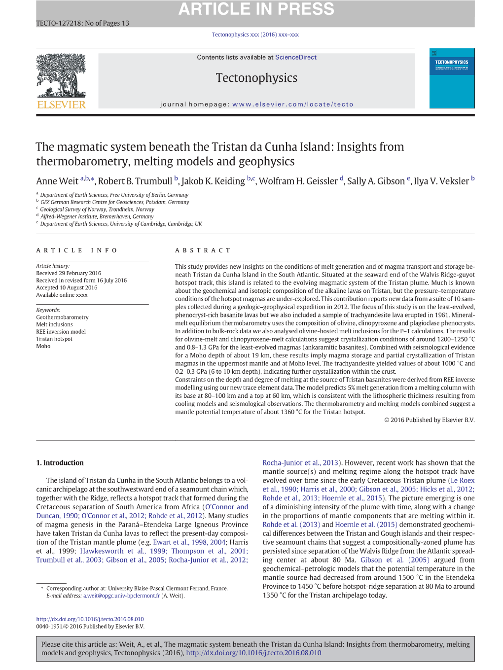 The Magmatic System Beneath the Tristan Da Cunha Island: Insights from Thermobarometry, Melting Models and Geophysics