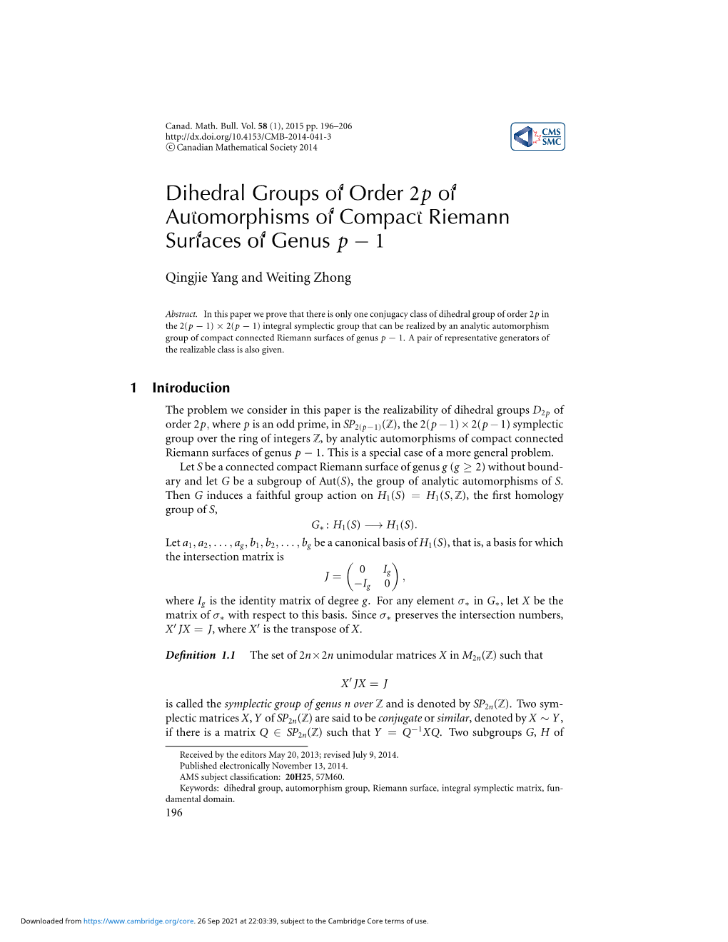 Dihedral Groups of Order 2P of Automorphisms of Compact Riemann Surfaces of Genus P − 1