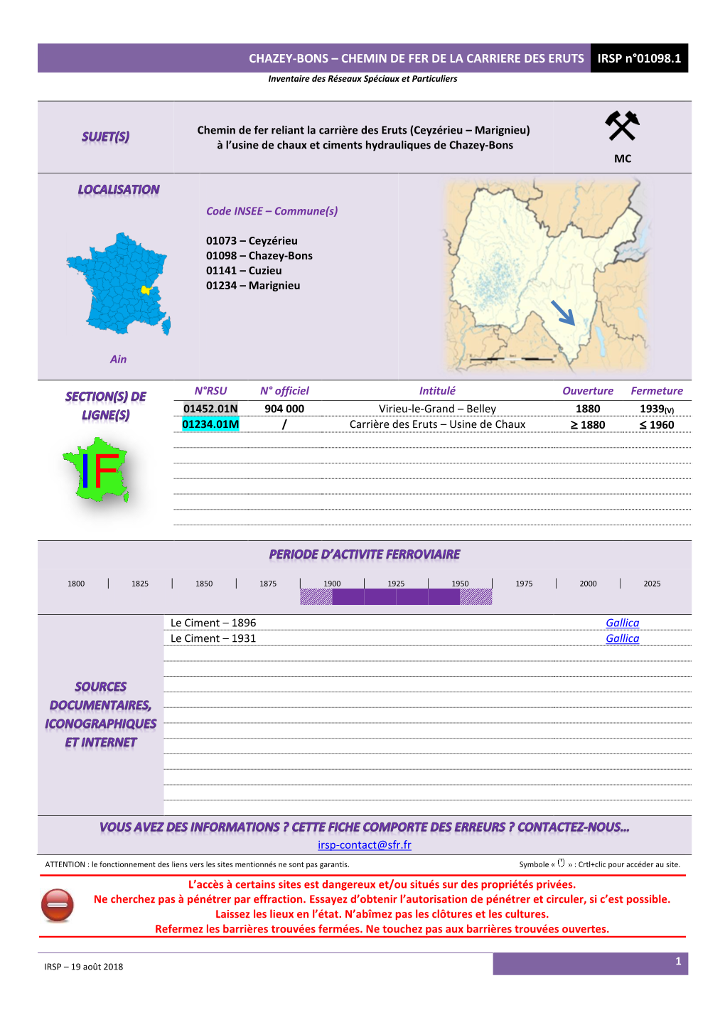 CHAZEY-BONS – CHEMIN DE FER DE LA CARRIERE DES ERUTS IRSP N°01098.1 Inventaire Des Réseaux Spéciaux Et Particuliers