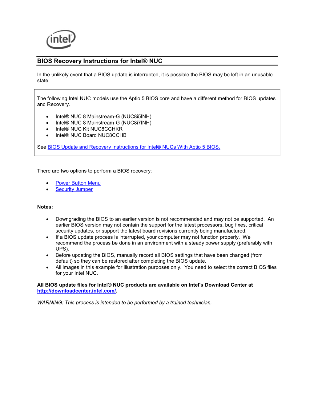 BIOS Recovery Instructions for Intel® NUC